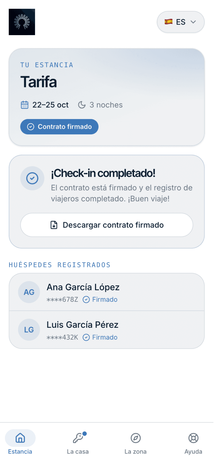 Estancia: fechas, registro y huéspedes
